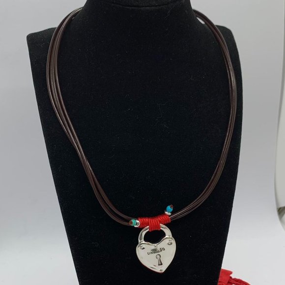 Uno de 50 Necklace Silver -plated LOVE Heart Pendant Brown leather Necklace - Picture 1 of 8